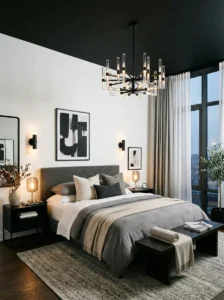 Bedroom with dramatic black ceiling and modern decor.