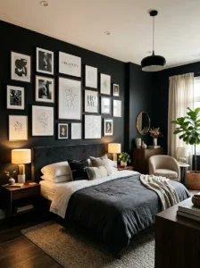 Black bedroom featuring a gallery wall with framed artwork.