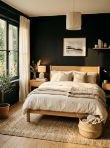 Black bedroom with warm wood furniture and natural textures.