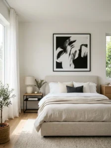 Minimal bedroom with large statement artwork above the bed.