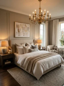 Timeless lighting fixtures in a transitional bedroom