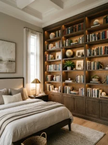 Dream bedroom featuring custom built-in shelves and decor.