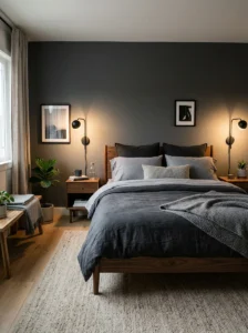Modern grey bedroom with matte black accents and layered bedding.