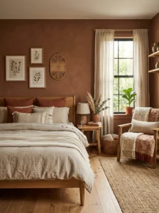 Earthy bedroom featuring clay-colored walls and warm neutral decor.