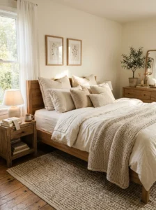 Comfy bedroom with layered neutral bedding and soft textures.