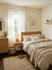 Small neutral bedroom with soft airy decor and warm sunlight.
