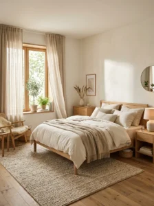 Cozy bedroom with soft linen curtains and natural sunlight.