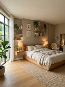 Airy modern bedroom with floating furniture and warm neutral tones.