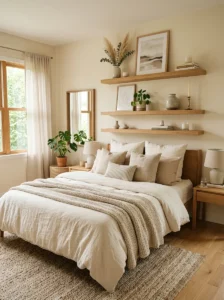 Warm bedroom with floating shelves and soft neutral decor.