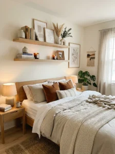 Cozy bedroom shelves styled with books and warm personal decor.