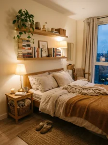 Small bedroom with floating shelves and cozy neutral styling.