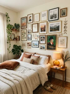 Aesthetic bedroom with a personalized gallery wall featuring art and photographs.