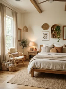 Aesthetic bedroom featuring woven textures, linen fabrics, and natural materials.