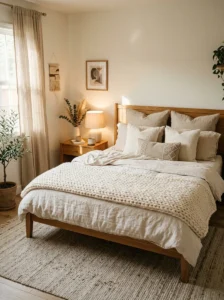 Warm bedroom with layered neutral bedding and cozy textures.