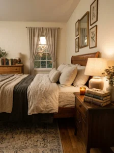 Timeless cozy transitional bedroom with layered neutral decor