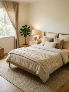 Neutral minimalist bedroom layered with linen, knit textures, and woven decor.