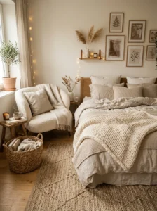 Aesthetic room featuring layered textures and cozy neutral decor.
