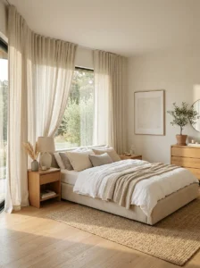 Modern bedroom with tall linen curtains and airy neutral styling.
