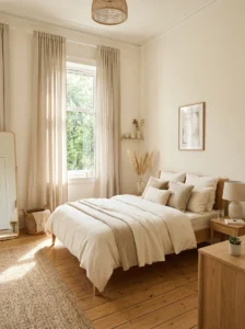 Small bedroom with long linen curtains and airy atmosphere.