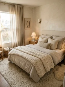 Aesthetic bedroom layered with cozy textiles and soft textures.