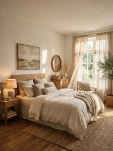 Cozy bedroom with soft linen curtains and filtered sunlight.