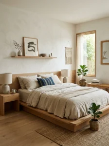 Japandi bedroom blending Japanese simplicity with Scandinavian warmth.