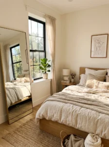 Small room with large mirror reflecting natural sunlight.
