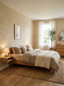 Earthy neutral color palette in a Japandi bedroom