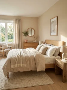 Warm minimalist bedroom with soft neutral styling and wood accents.