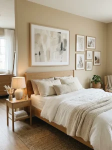 Aesthetic bedroom decorated with large neutral wall artwork.