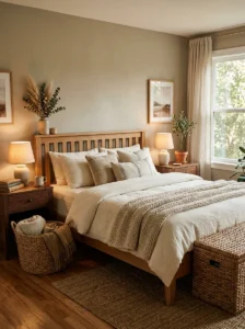Cozy bedroom with warm natural wood furniture and soft decor.