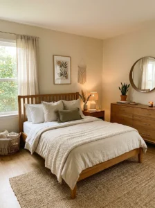 Warm bedroom featuring oak furniture and soft neutral styling.