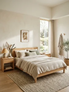 Alt Text: Minimalist bedroom featuring natural wood furniture and neutral decor.