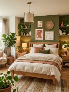 Earthy bedroom with olive green wall and natural decor elements.