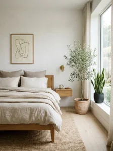 Alt Text: Minimalist bedroom decorated with indoor plants and greenery.