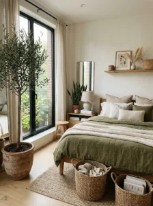 Aesthetic bedroom decorated with indoor plants and natural greenery.