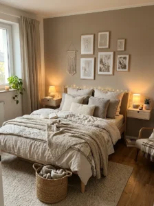 Small bedroom with cozy bed styling and warm lighting.