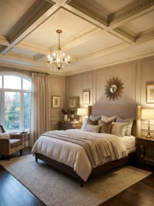 Paneled ceiling molding in elegant bedroom