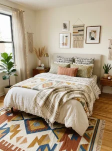 Aesthetic room featuring mixed patterns and layered textiles.
