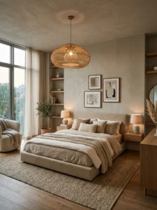 Modern bedroom with statement lighting and sleek neutral decor.