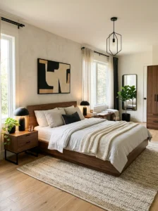 Modern bedroom with low platform bed and clean sleek design.