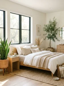 Aesthetic bedroom decorated with indoor plants and greenery.
