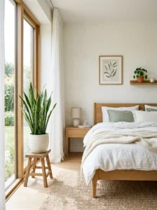 Minimal bedroom featuring a large indoor plant and natural decor.