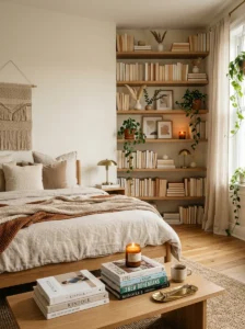 Aesthetic bedroom using books as decorative styling elements.
