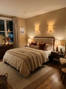 Relaxing bedroom with warm layered lighting and cozy decor.