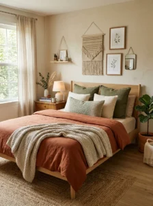 Aesthetic bedroom with colorful bedding and layered textures.