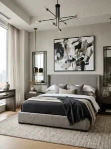 Contemporary bedroom featuring modern furniture and statement decor.
