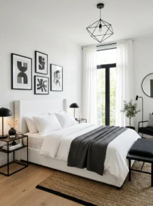 Black and white modern bedroom with clean minimalist decor.
