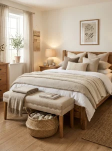 Bedroom with upholstered bench, layered neutral bedding, woven basket underneath, warm lighting, oak furniture, textured fabrics, cozy relaxing atmosphere, realistic interior photography