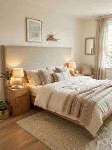 Cozy bedroom featuring a soft upholstered headboard.